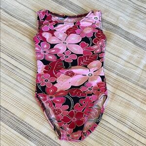 Floral Pink and Black Sleeveless Leotard